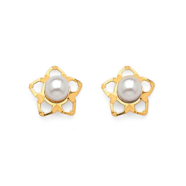 Star Stud Earrings with Pearl in 14K Gold and Butterfly Backing