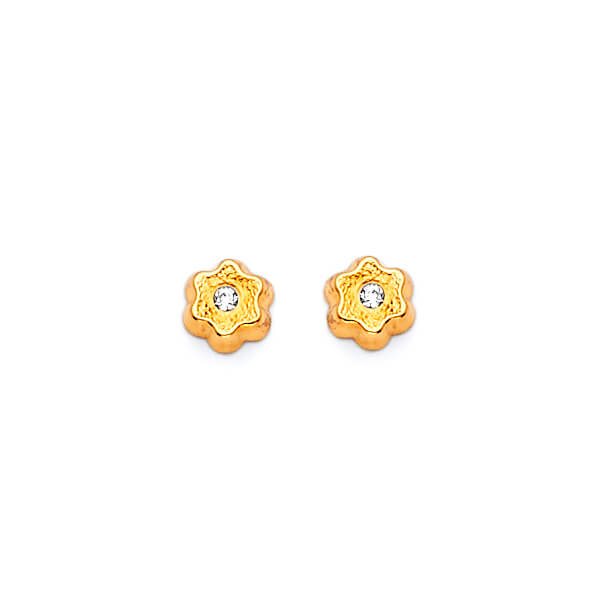 Flower Stud Earrings with White CZ in 14K Gold and Butterfly Backing