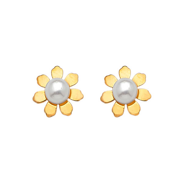 Flower Stud Earrings with Pearl in 14K Gold and Butterfly Backing