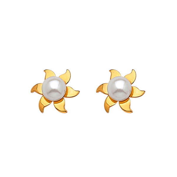 Flower Stud Earrings with Pearl in 14K Gold and Butterfly Backing