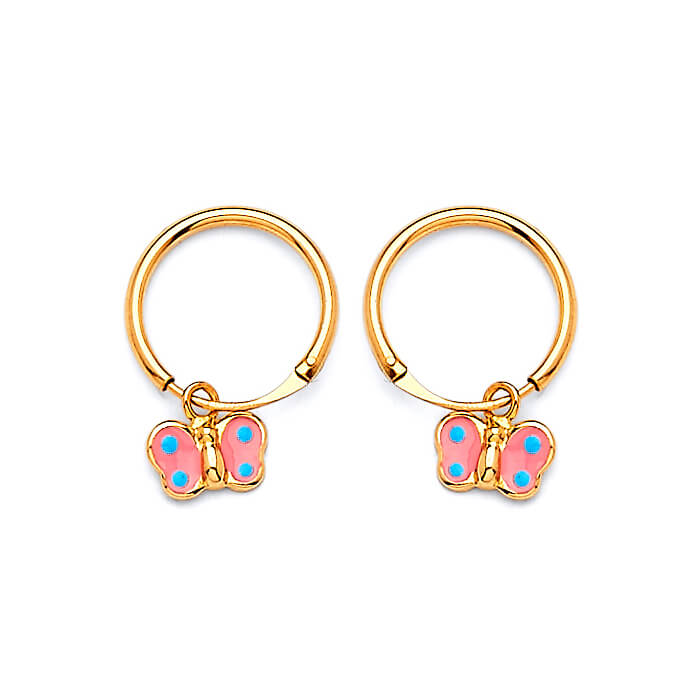 Butterfly Hoop Earrings with Pink & Blue Enamel in 14K Gold