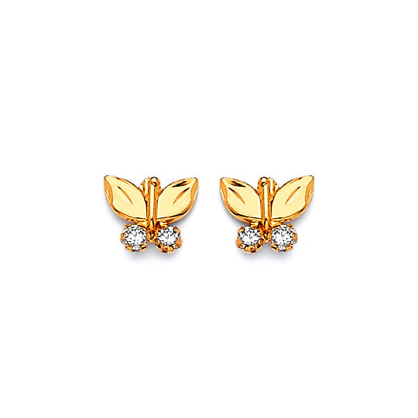 Butterfly Stud Earrings with White CZ in 14K Gold and Butterfly Backing