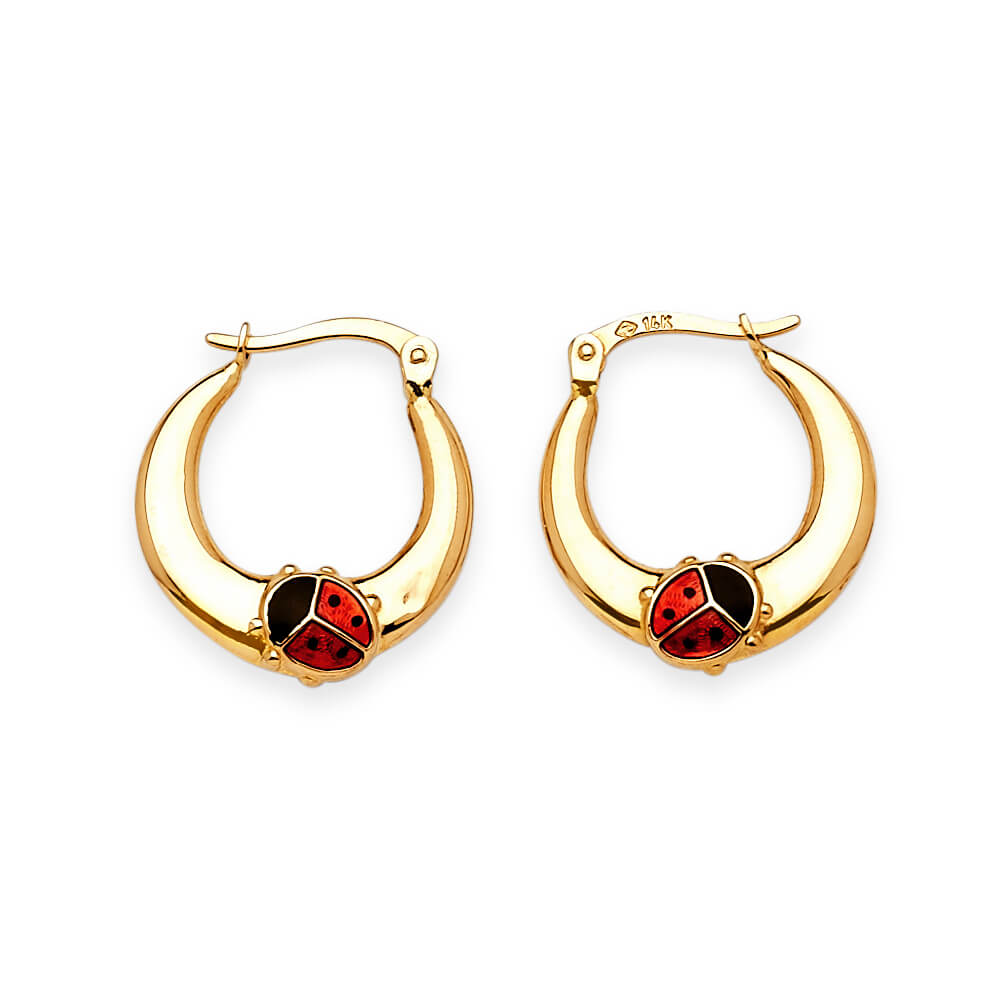 Lady Bug Scallop Hoop Earrings with Red & Black Enamel in 14K Gold