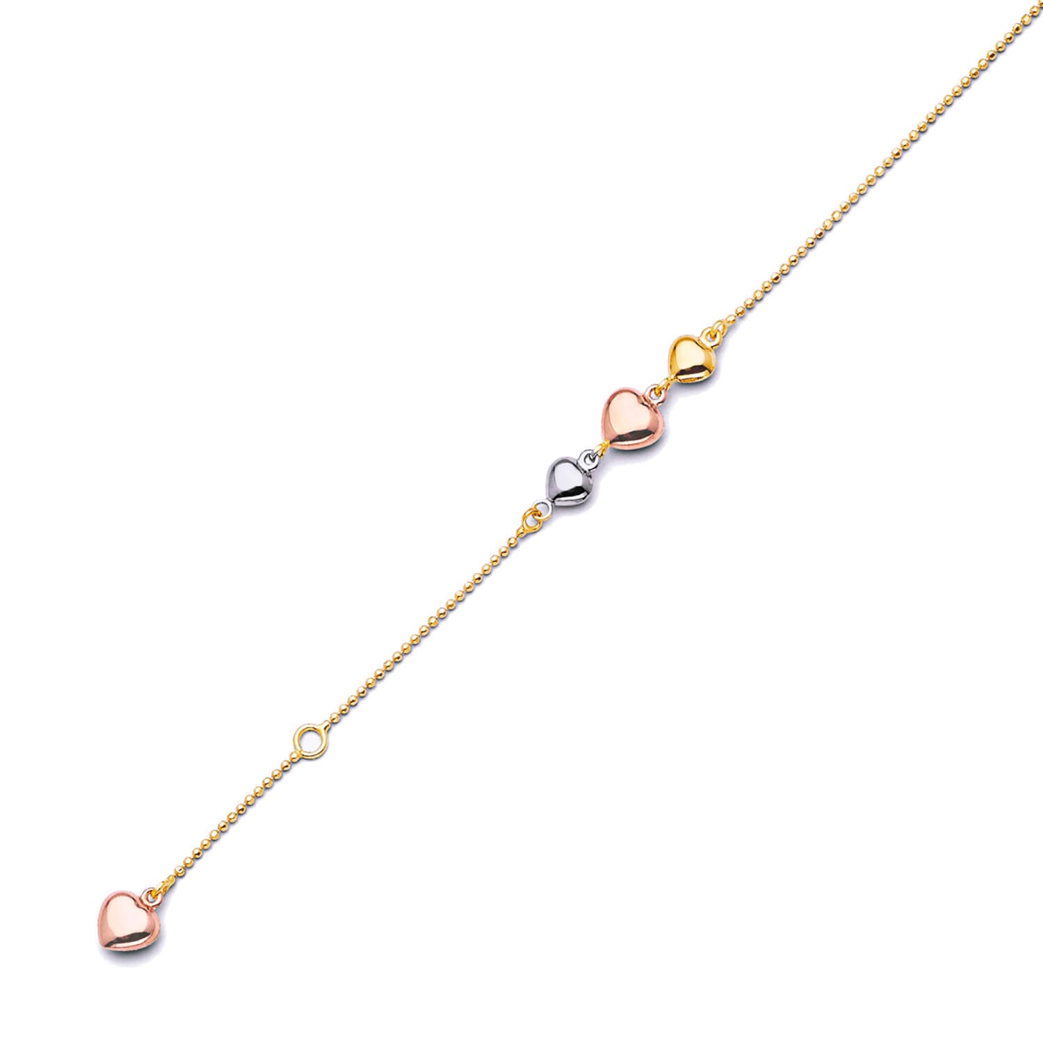 Adjustable Heart Link Anklet in 14K Tri Color Gold