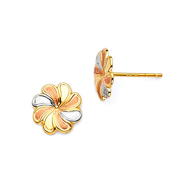 Flower Stud Earrings in 14K Tri-Color Gold and Butterfly Backing