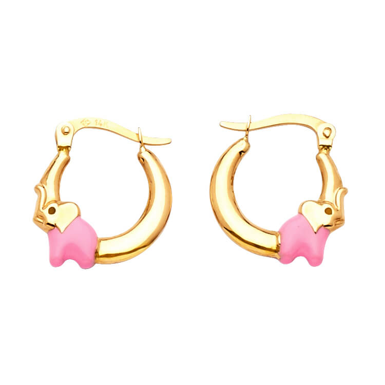 Elephant Scallop Hoop Earrings with Pink Enamel in 14K Gold