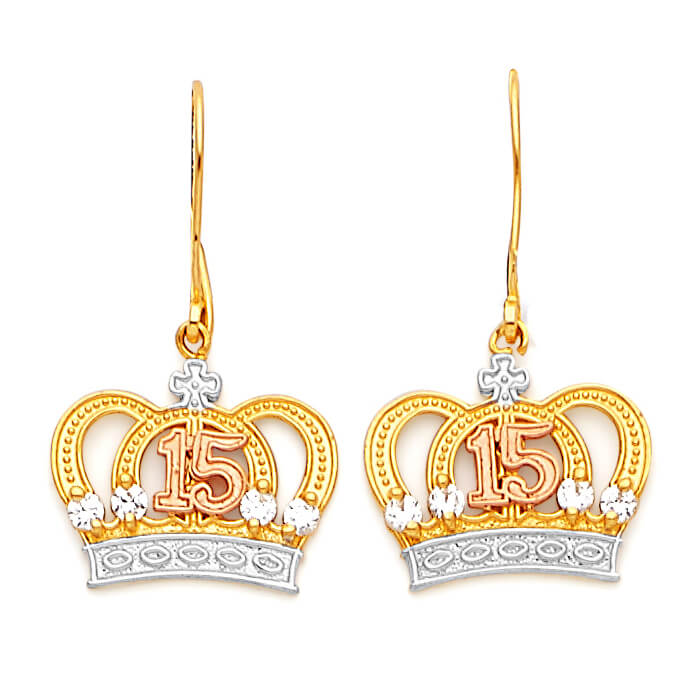 Tiara Drop Earrings with White CZ in 14K Tri-Color Gold