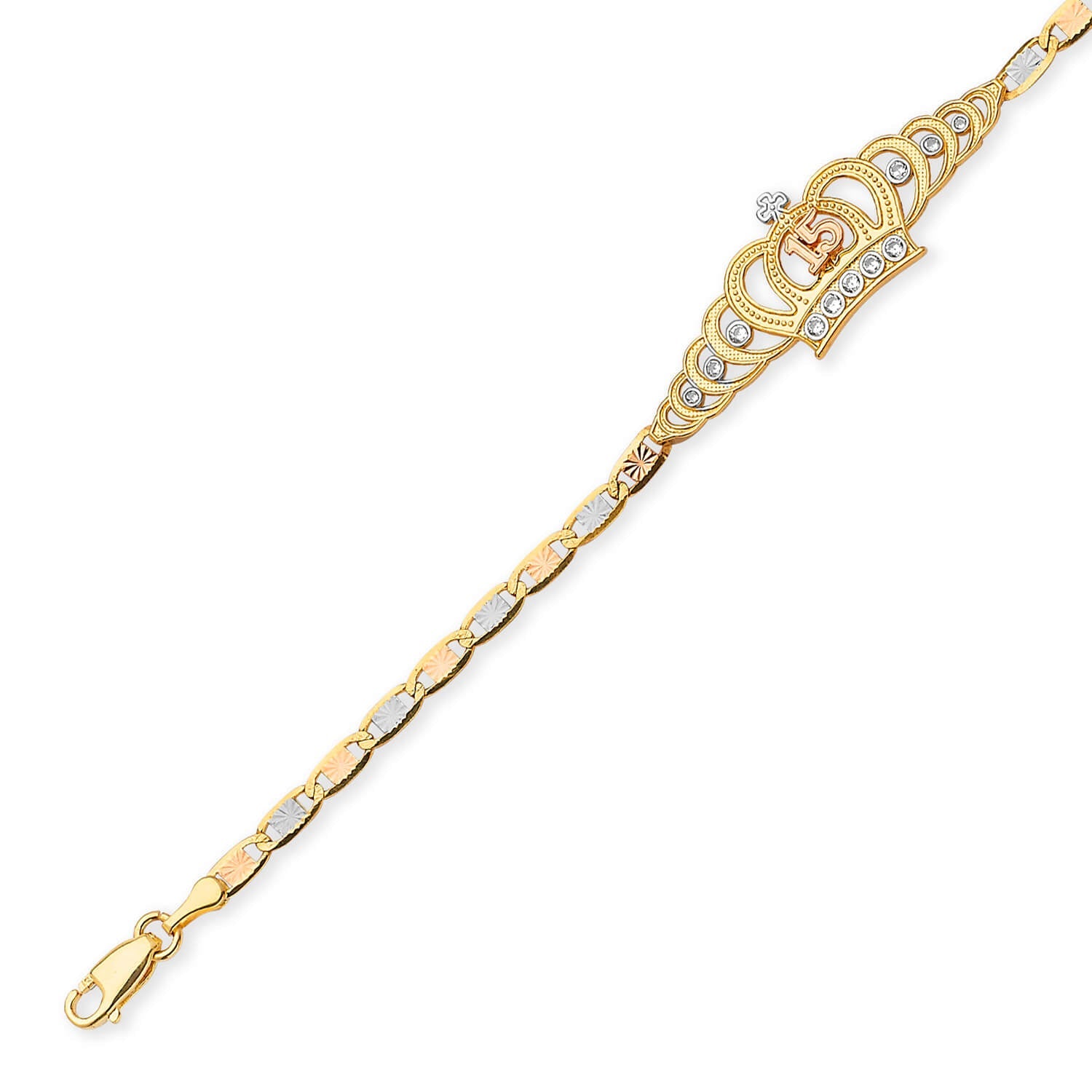 Valentino White CZ Quinceañera Bracelet In 14K Tri-Color Gold