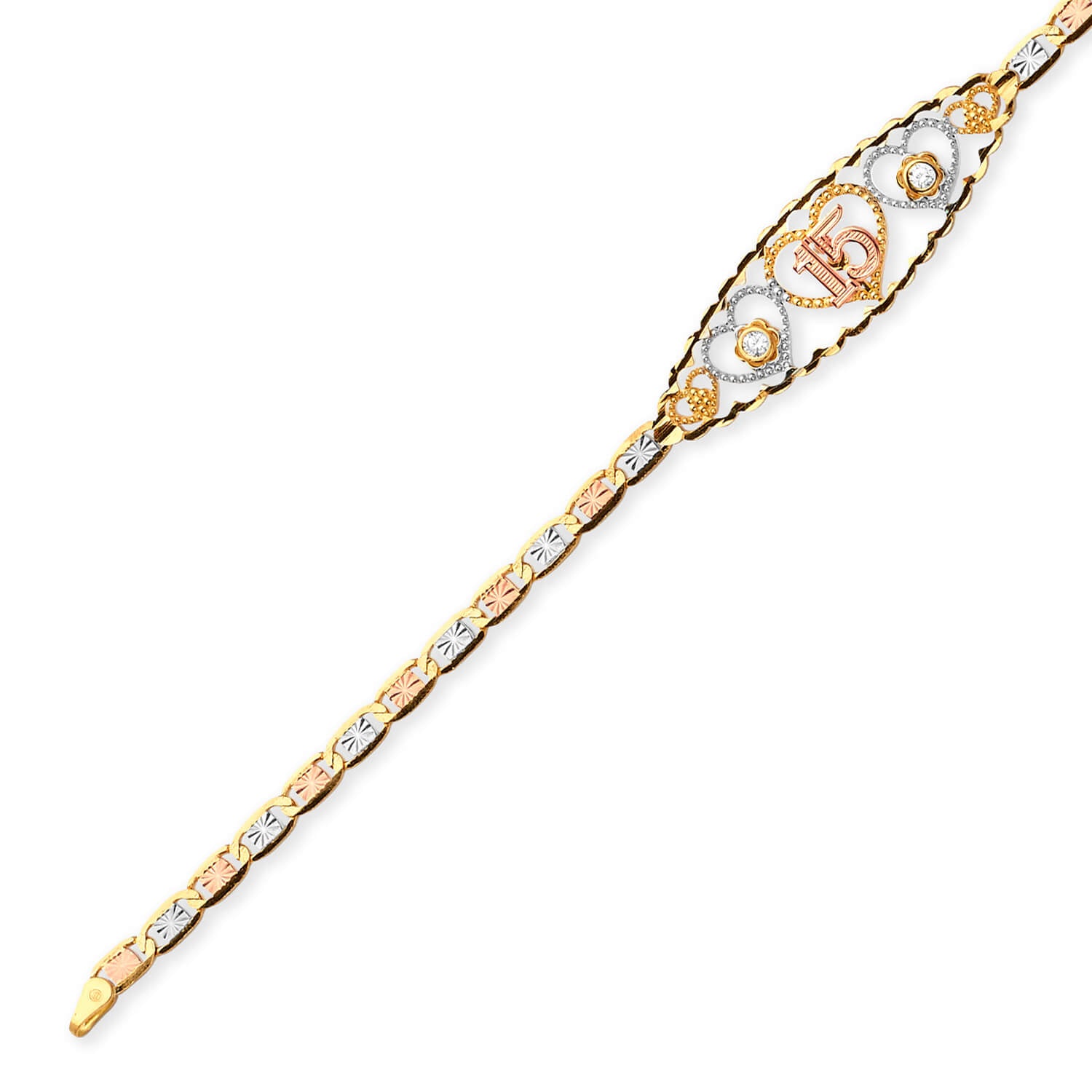 Valentino White CZ Quinceañera Bracelet In 14K Tri-Color Gold