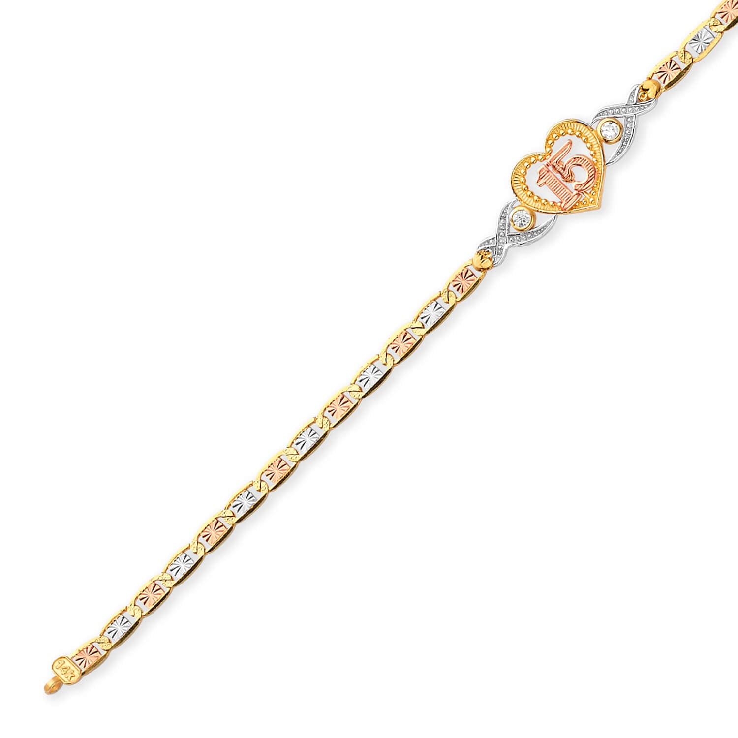 Valentino White CZ Quinceañera Bracelet In 14K Tri-Color Gold