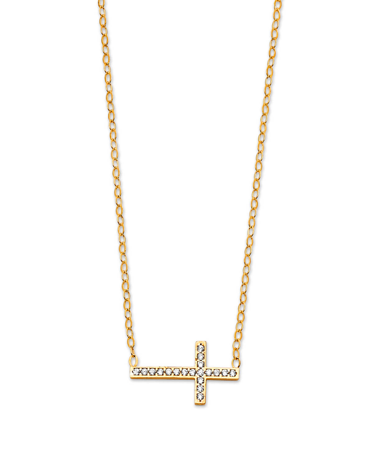 White CZ Cross Charm Necklace in 14K Gold