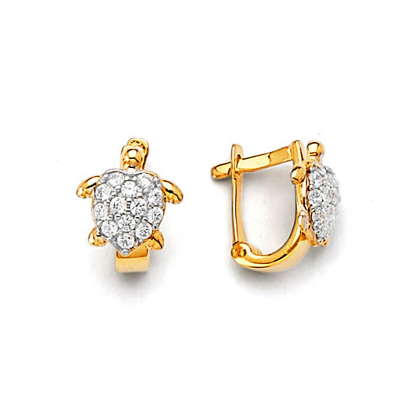 Turtle Huggie Earrings with White CZ in 14K Two-Tone Gold