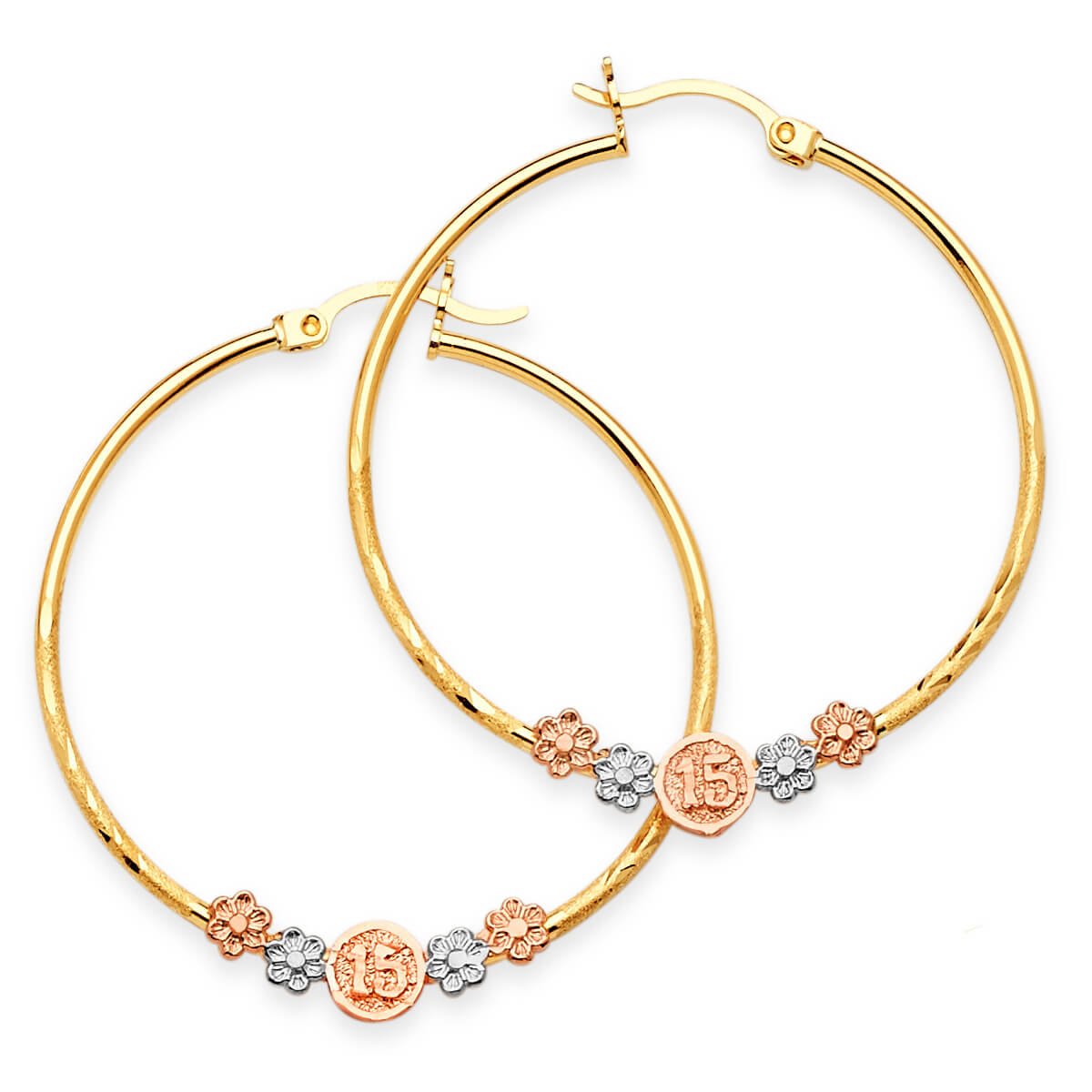 Flower Hoop Earrings in 14K Tri-Color Gold