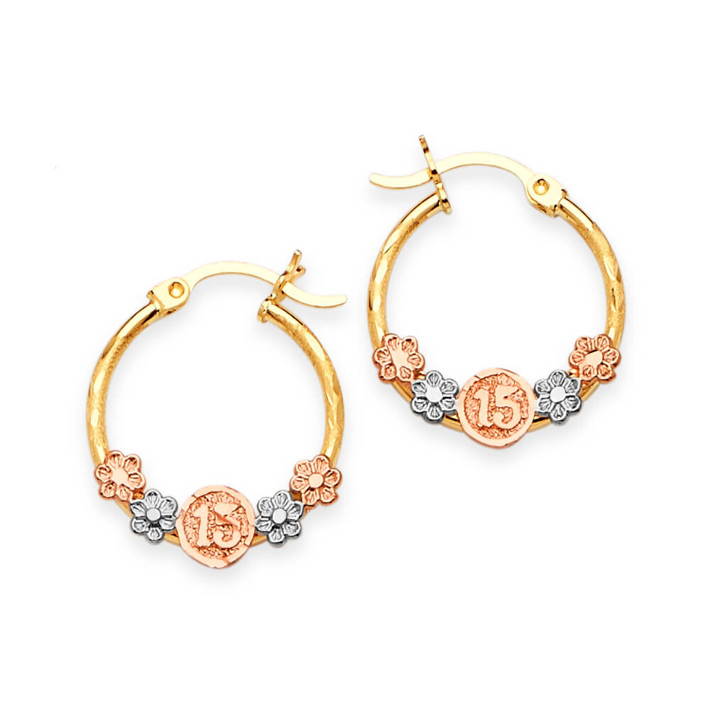 Flower Hoop Earrings in 14K Tri-Color Gold