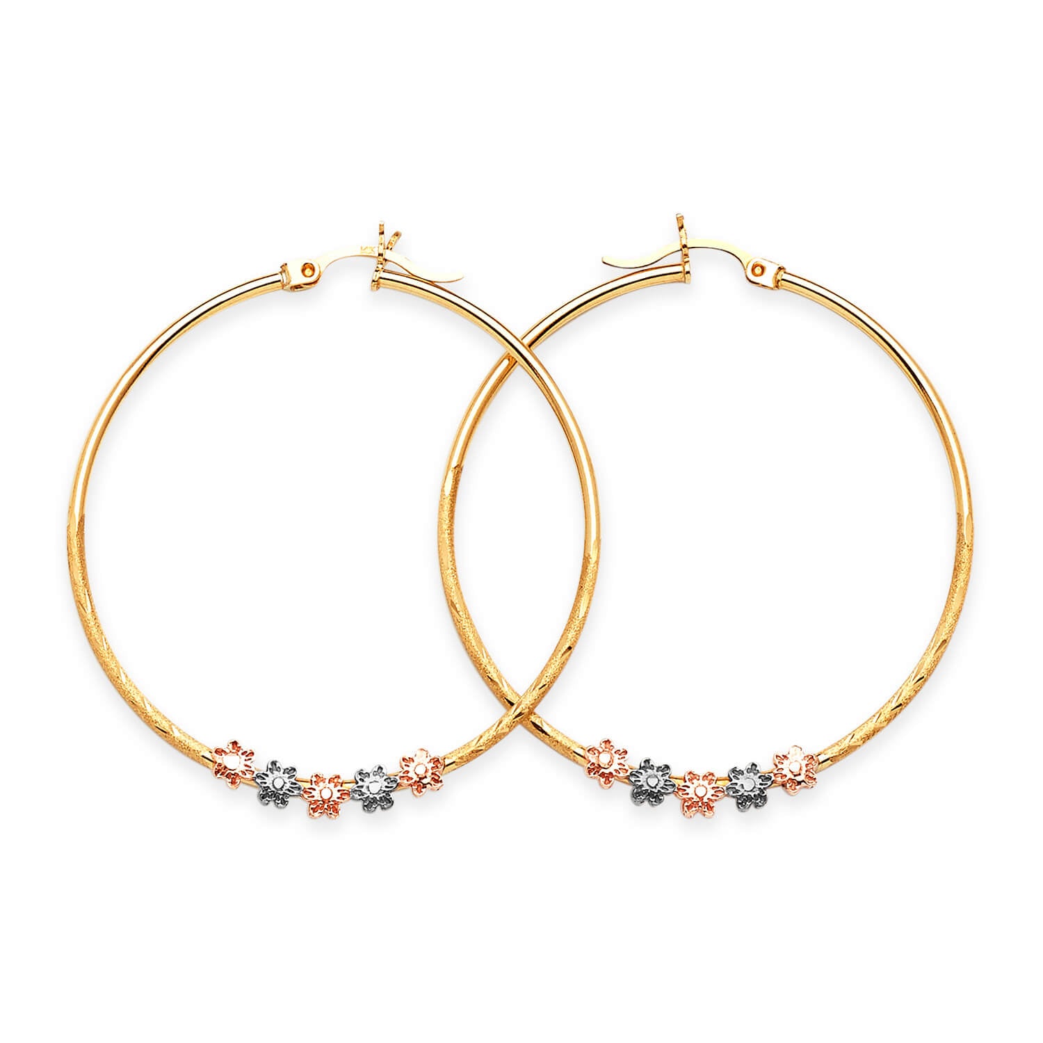 Flower Hoop Earrings in 14K Tri-Color Gold