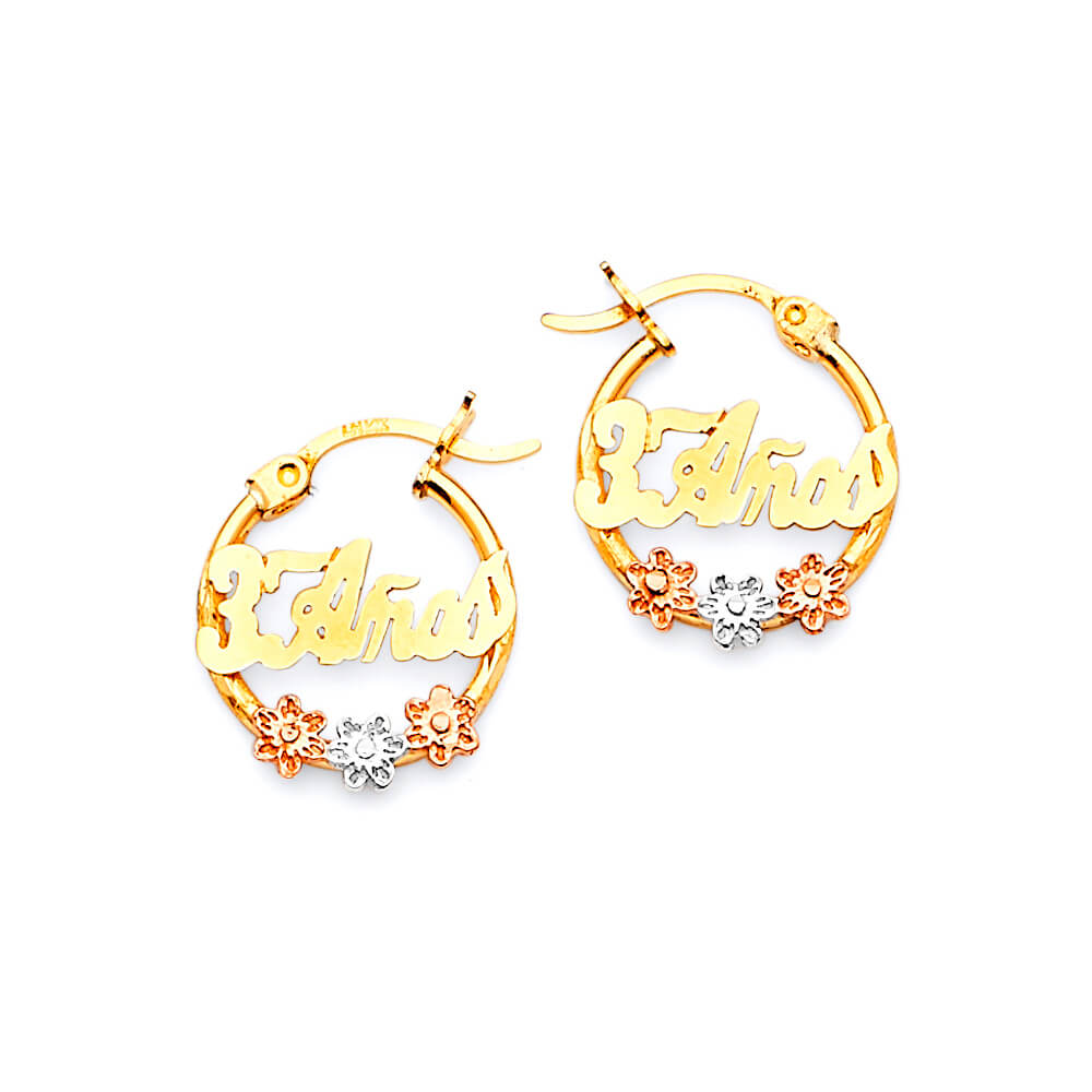 Flower Personalized Hoop Earrings in 14K Tri-Color Gold