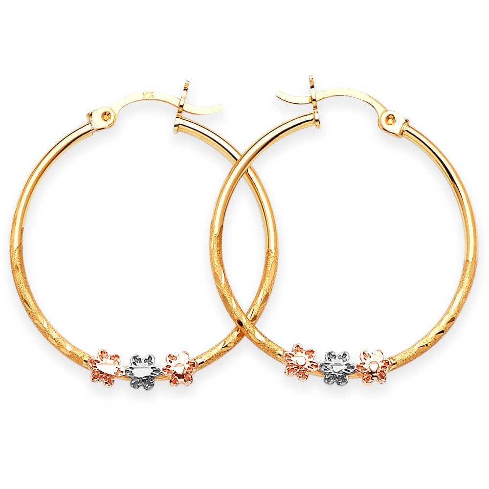 Flower Hoop Earrings in 14K Tri-Color Gold