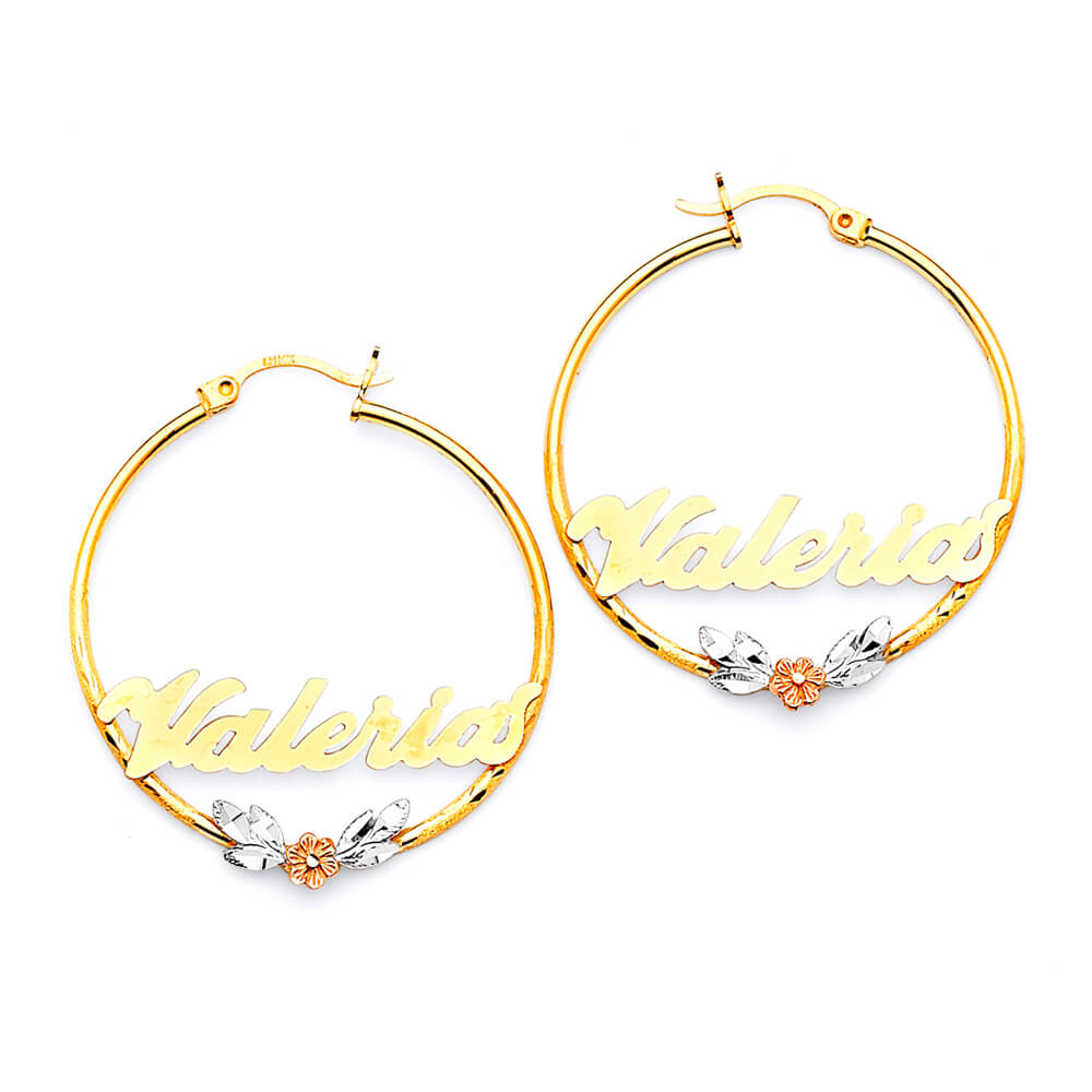 Flower Personalized Hoop Earrings in 14K Tri-Color Gold