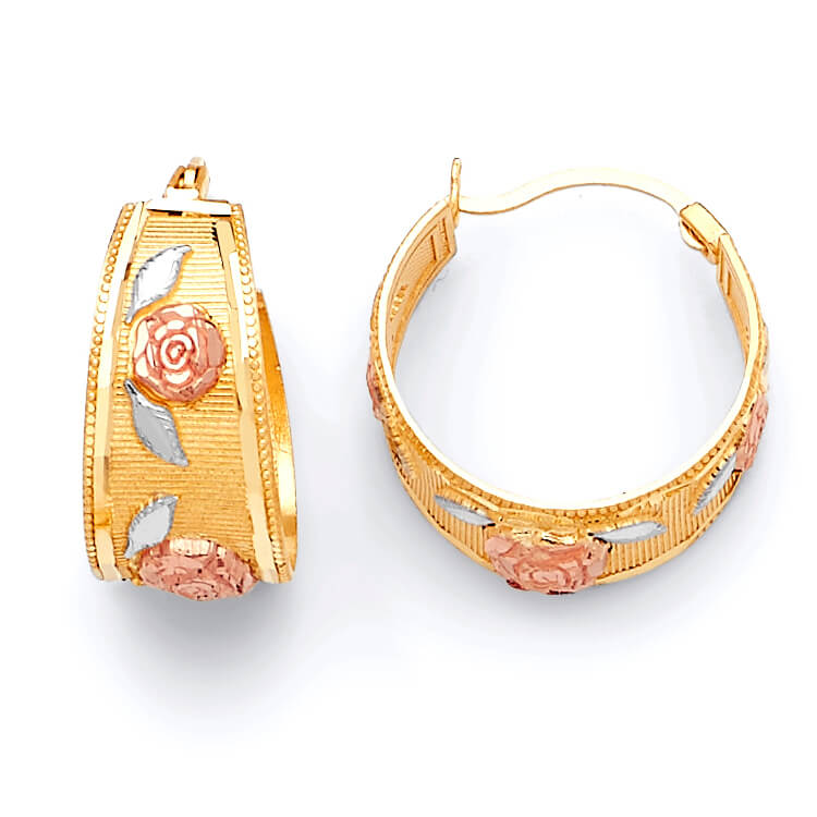 Flower Bangle Hoop Earrings in 14K Tri-Color Gold