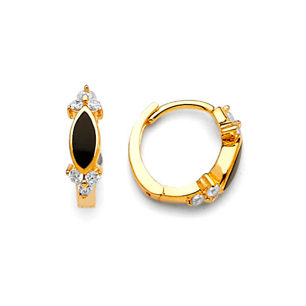 Huggie Earrings with White CZ and Onyx in 14K Gold