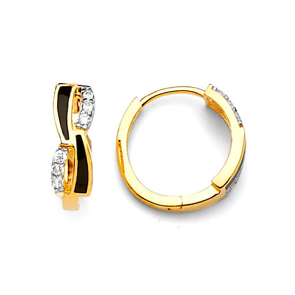 Huggie Earrings with White CZ and Onyx in 14K Gold