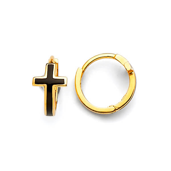 Cross Huggie Earrings with Onyx in 14K Gold