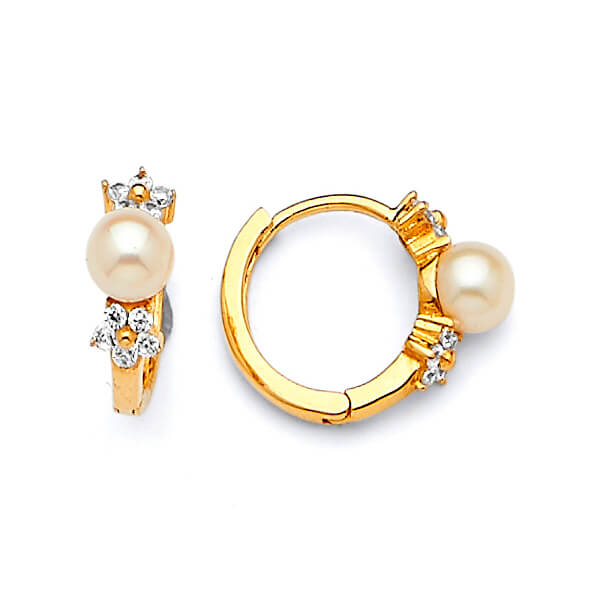 Huggie Earrings with White CZ and Pearl in 14K Gold