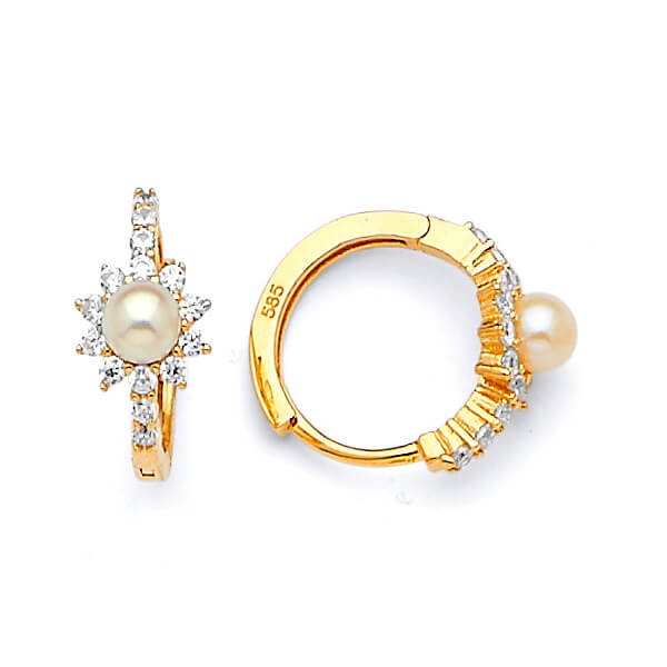 Huggie Earrings with White CZ and Pearl in 14K Gold