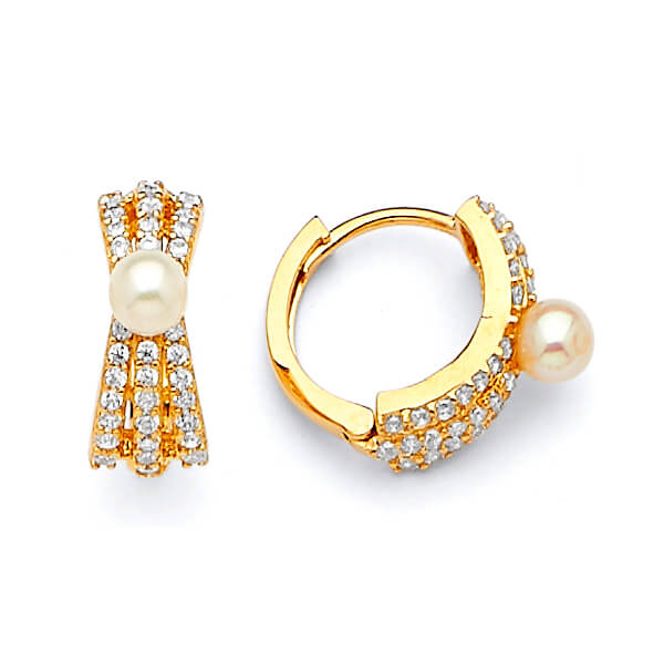 Huggie Earrings with White CZ and Pearl in 14K Gold