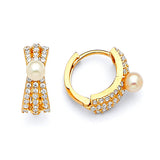 Huggie Earrings with White CZ and Pearl in 14K Gold