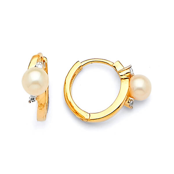 Huggie Earrings with White CZ and Pearl in 14K Gold