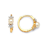 Huggie Earrings with White CZ and Pearl in 14K Gold