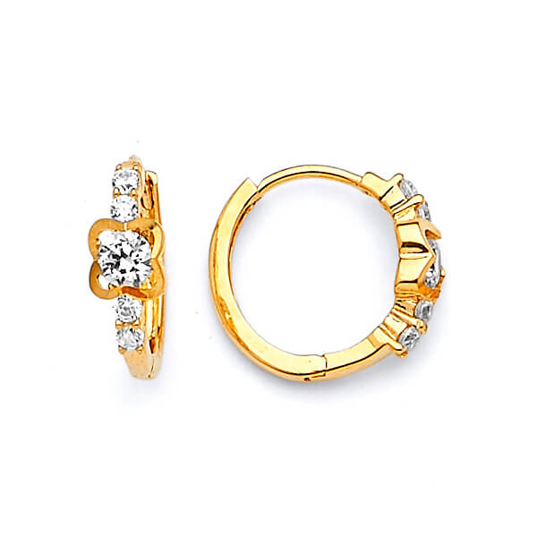 Flower Huggie Earrings with White CZ in 14K Gold