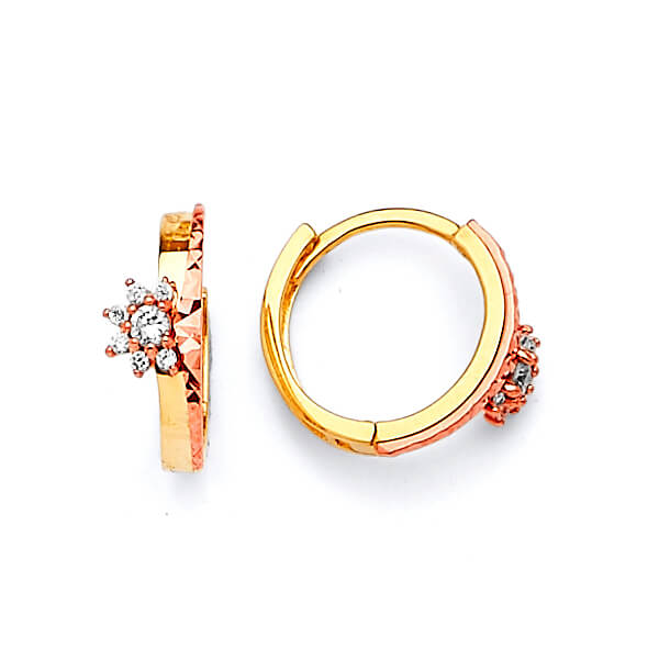Flower Huggie Earrings with White CZ in 14K Two-Tone Gold