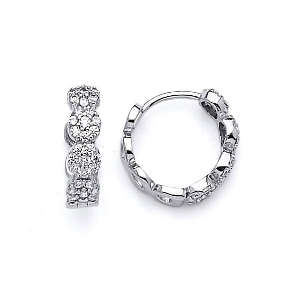 Flower Huggie Earrings with White CZ in 14K White Gold