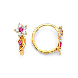Flower Huggie Earrings with Red & White CZ in 14K Gold