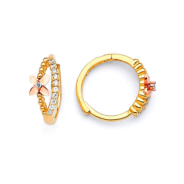 Butterfly Huggie Earrings with White CZ in 14K Two-Tone Gold