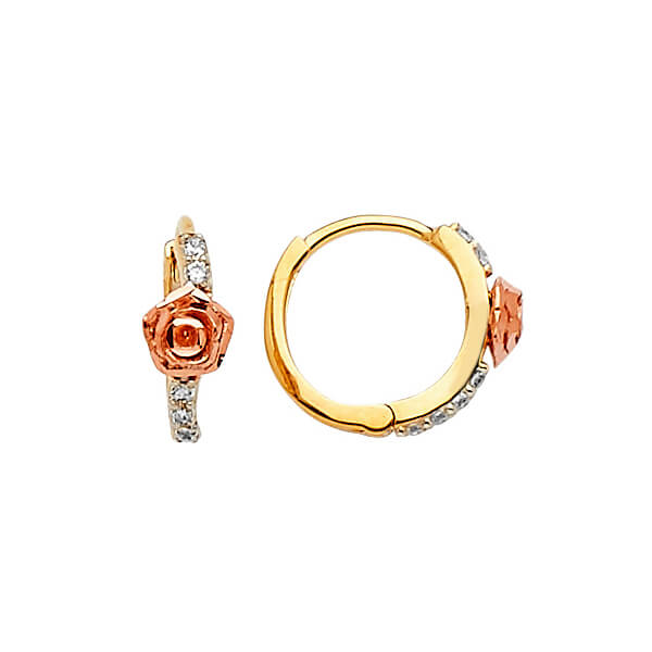 Flower Huggie Earrings with White CZ in 14K Two-Tone Gold
