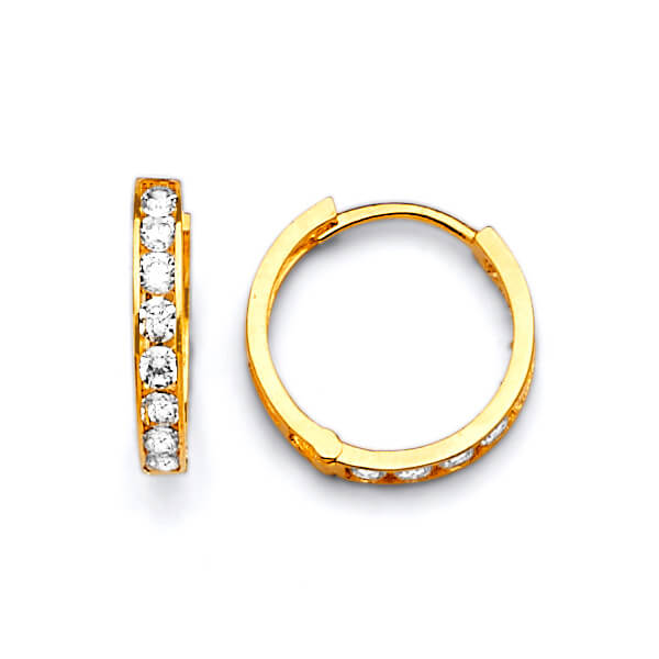 Huggie Earrings with White CZ in 14K Gold