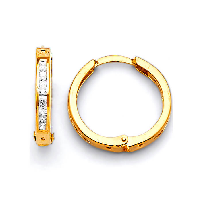 Huggie Earrings with White CZ in 14K Gold