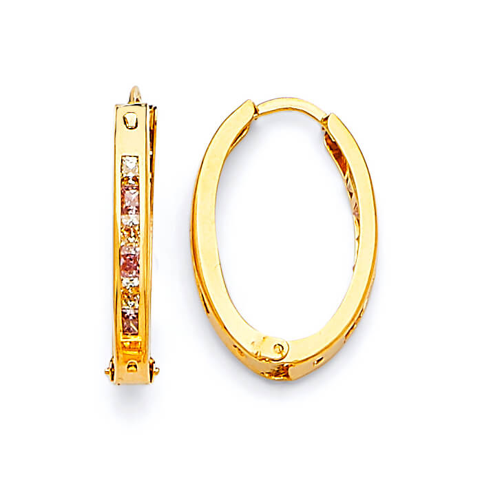 Huggie Earrings with Pink & White CZ in 14K Gold