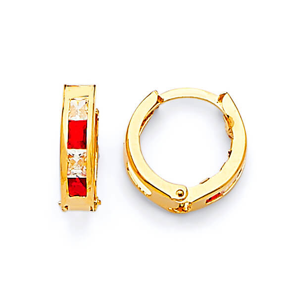 Huggie Earrings with Red & White CZ in 14K Gold