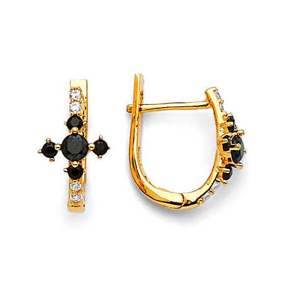 Huggie Earrings with White CZ and Onyx in 14K Gold