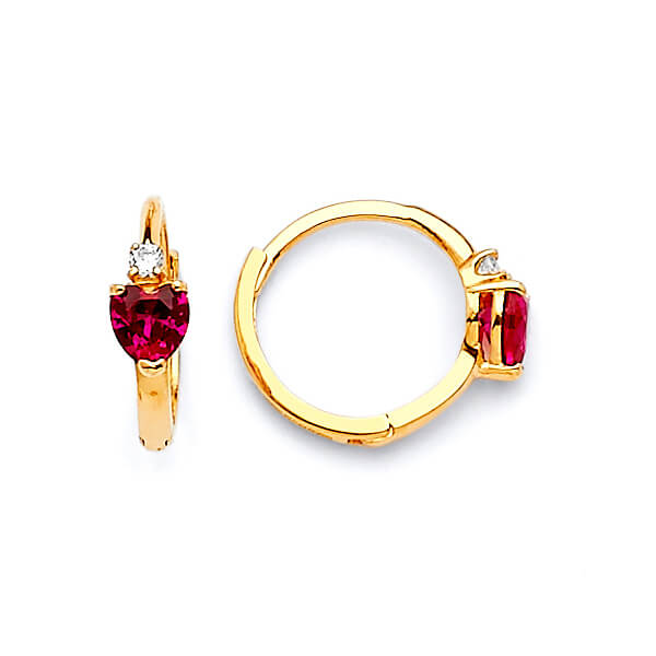Heart Huggie Earrings with Red & White CZ in 14K Gold