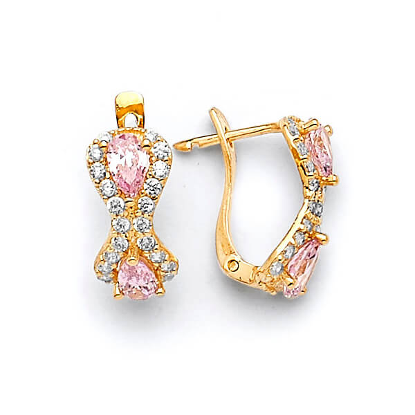 Huggie Earrings with Pink & White CZ in 14K Gold