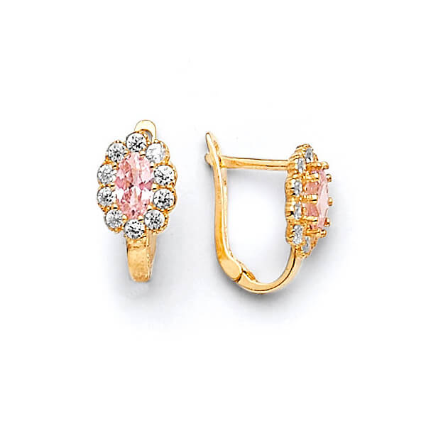 Huggie Earrings with Pink & White CZ in 14K Gold