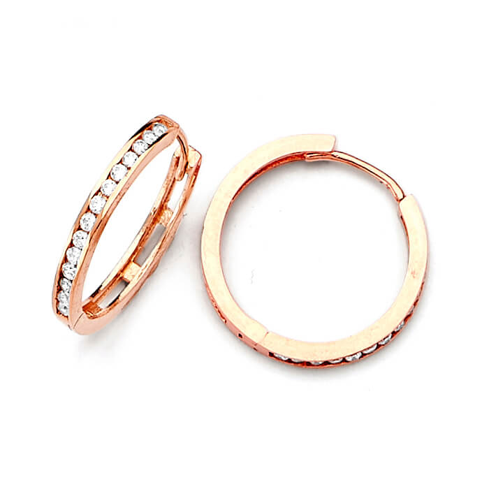 Huggie Earrings with White CZ in 14K Rose Gold