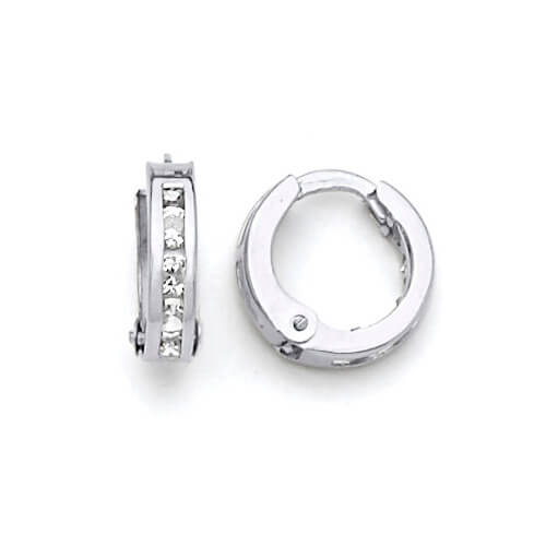 Huggie Earrings with White CZ in 14K White Gold