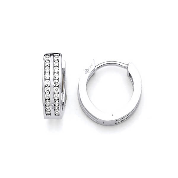 Huggie Earrings with White CZ in 14K White Gold
