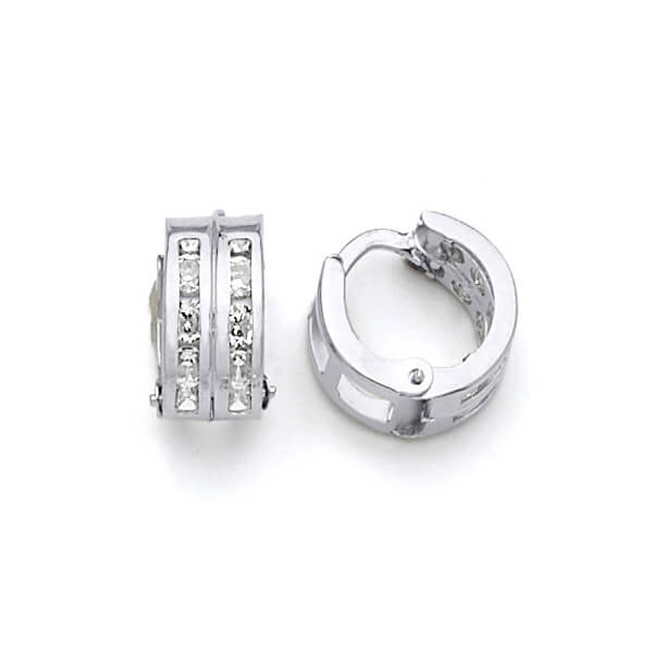 Huggie Earrings with White CZ in 14K White Gold